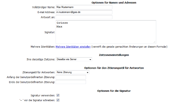 Webmail Persönliche Informationen